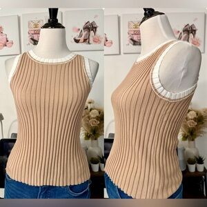 🍒Sleeveless Ribbed Tank with White Contrast Trim - Beige
